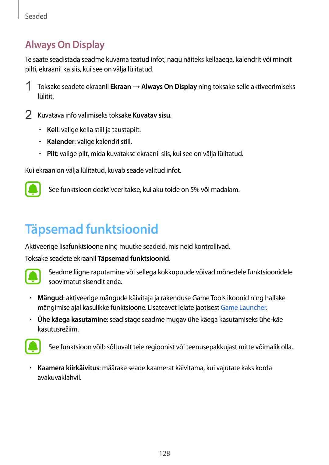 Samsung SM-G930FZDASEB manual Täpsemad funktsioonid, Always On Display 