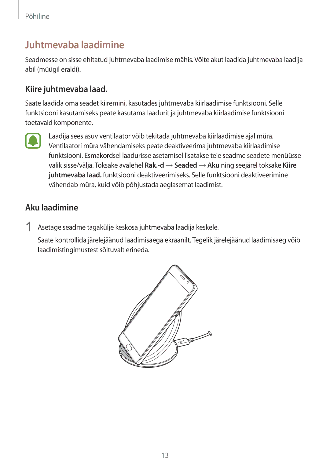 Samsung SM-G930FZDASEB manual Juhtmevaba laadimine, Kiire juhtmevaba laad, Aku laadimine 