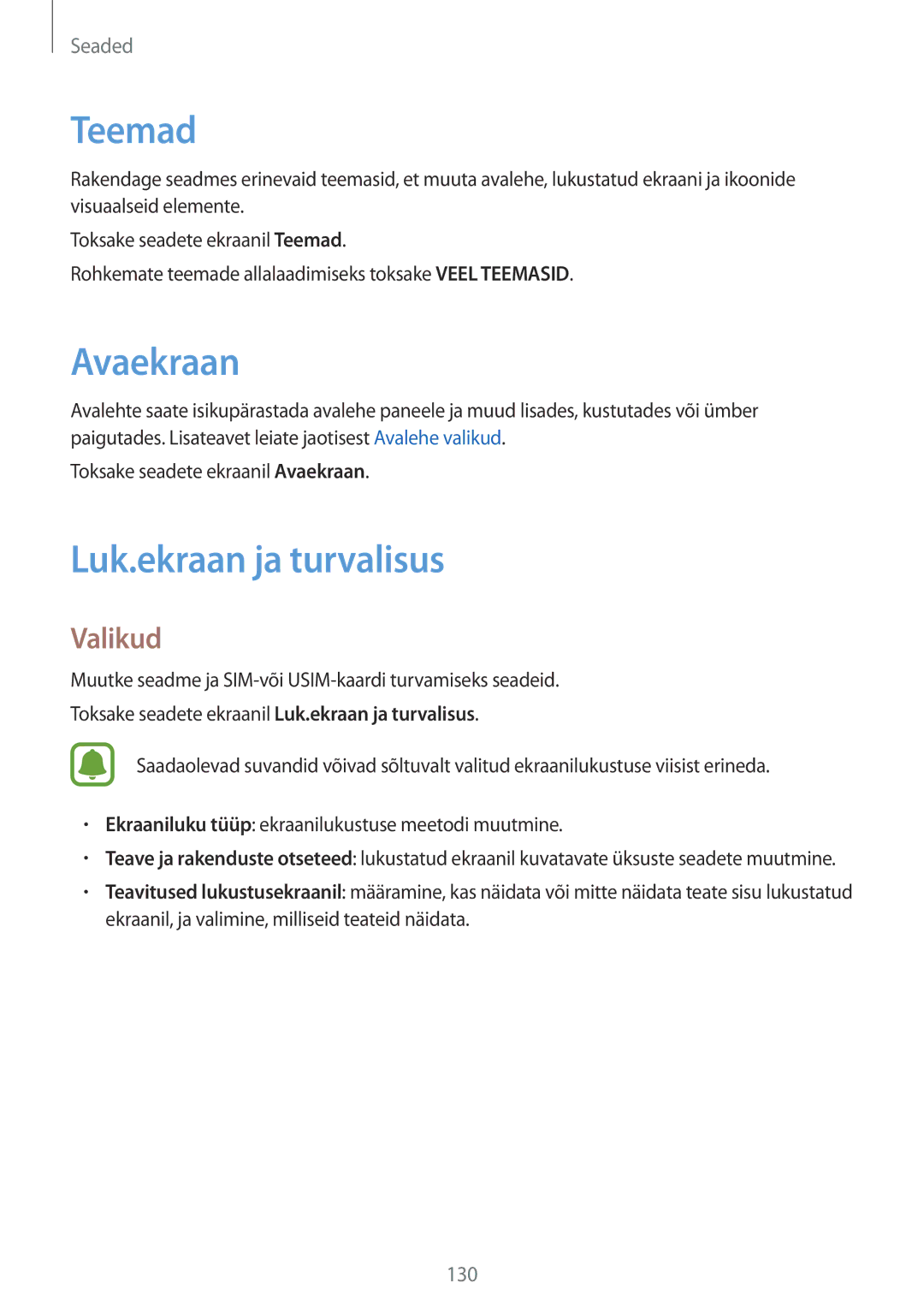 Samsung SM-G930FZDASEB manual Teemad, Avaekraan, Luk.ekraan ja turvalisus 