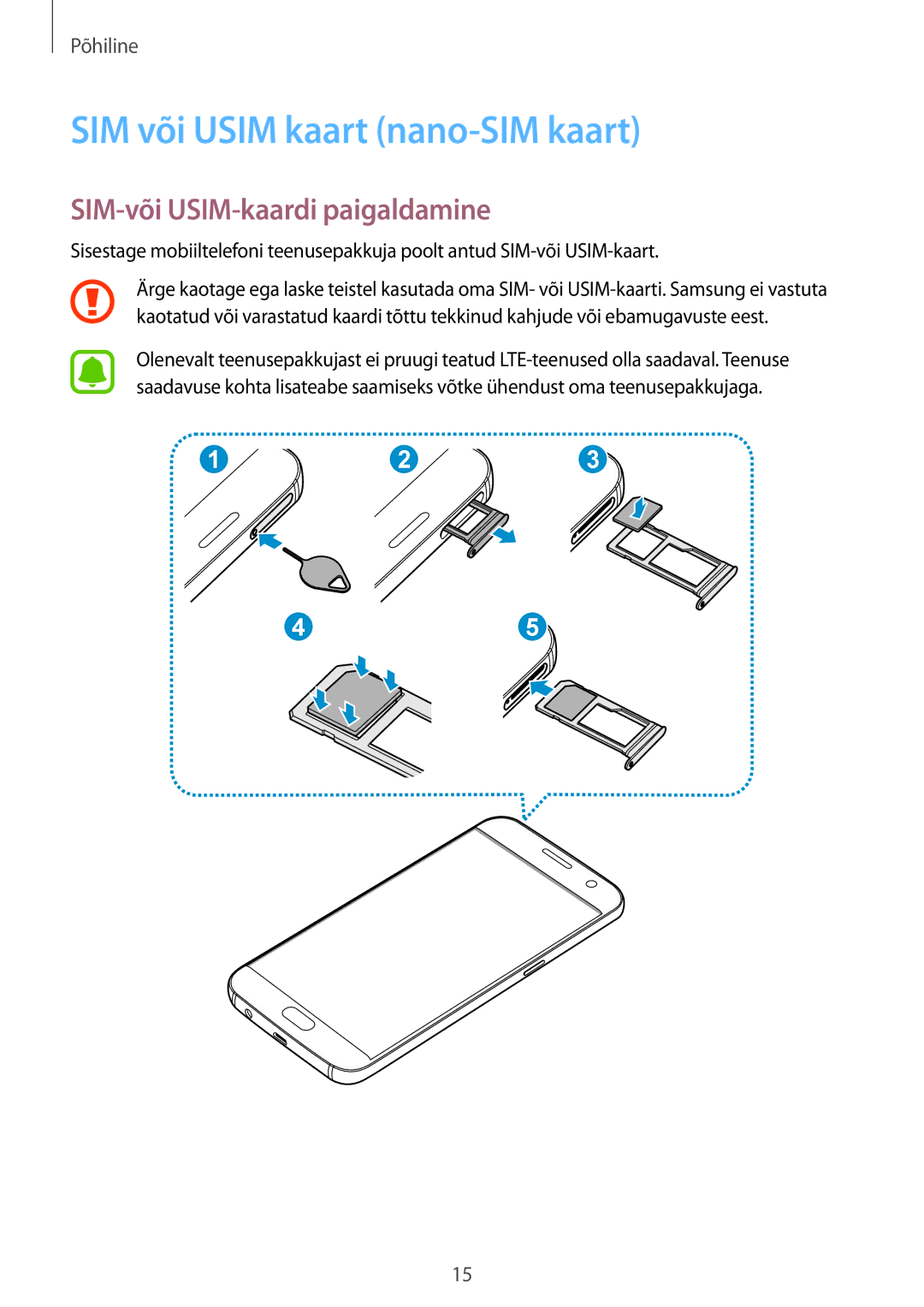 Samsung SM-G930FZDASEB manual SIM või Usim kaart nano-SIM kaart, SIM-või USIM-kaardi paigaldamine 