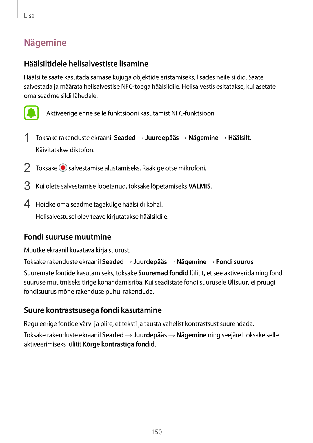 Samsung SM-G930FZDASEB manual Nägemine, Häälsiltidele helisalvestiste lisamine, Fondi suuruse muutmine 