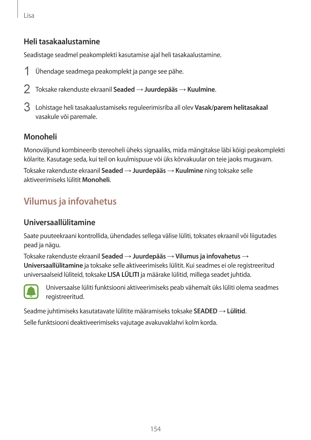 Samsung SM-G930FZDASEB manual Vilumus ja infovahetus, Heli tasakaalustamine, Monoheli, Universaallülitamine 