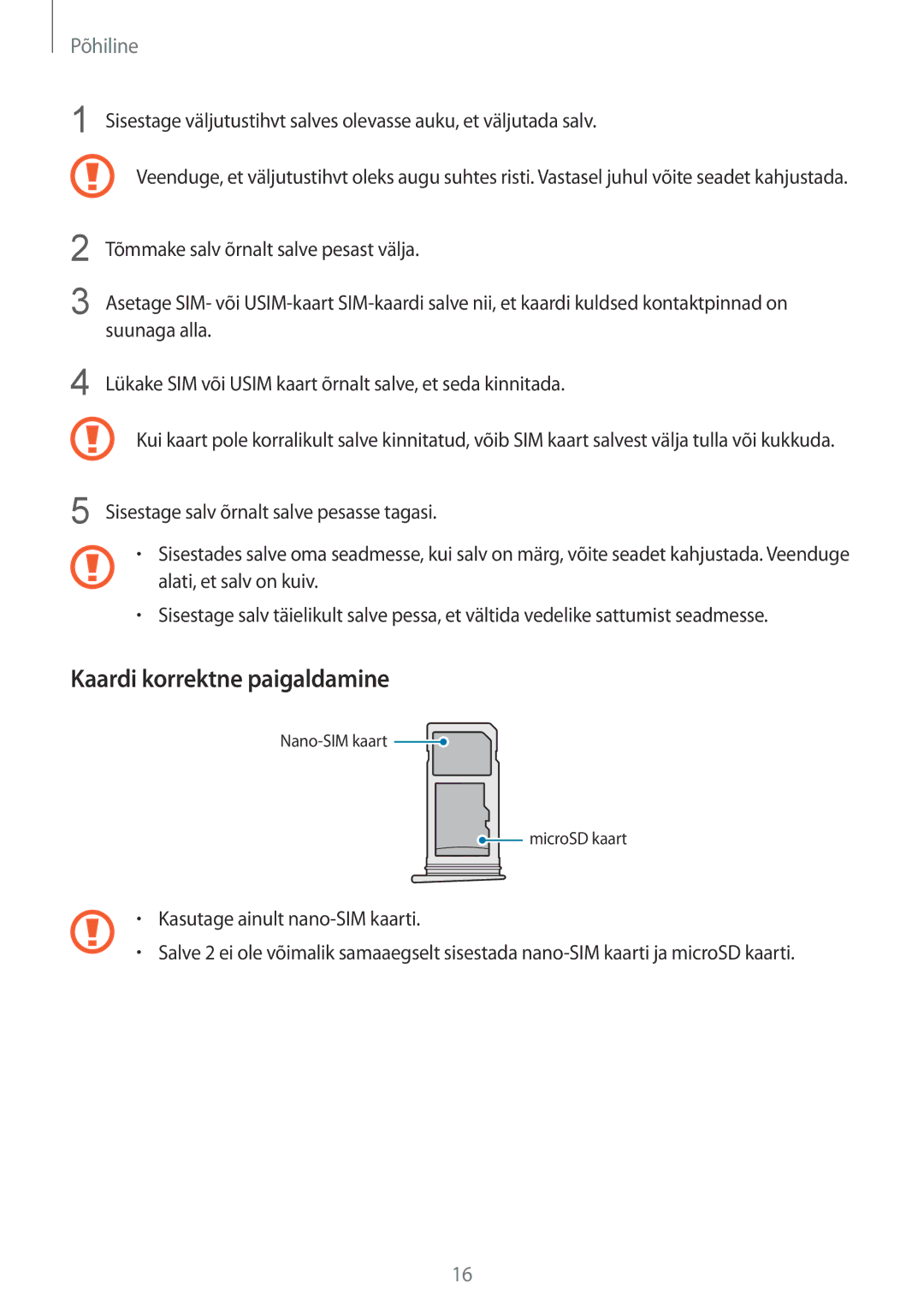 Samsung SM-G930FZDASEB manual Kaardi korrektne paigaldamine 