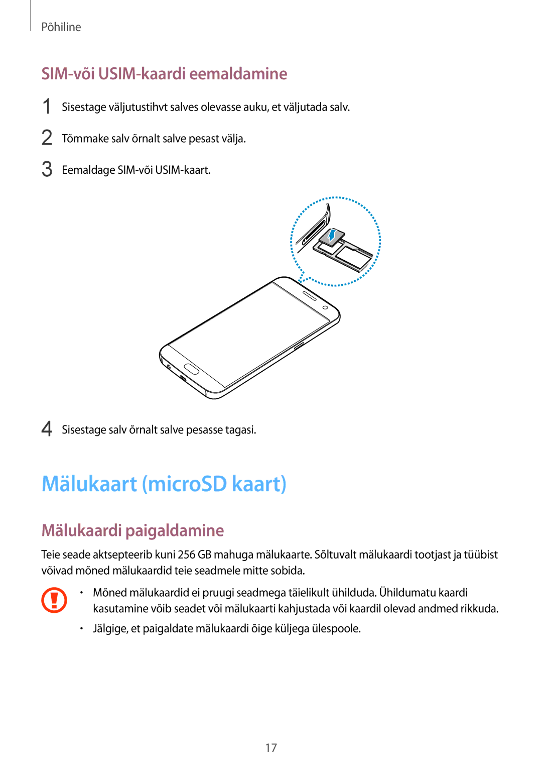 Samsung SM-G930FZDASEB manual Mälukaart microSD kaart, SIM-või USIM-kaardi eemaldamine, Mälukaardi paigaldamine 