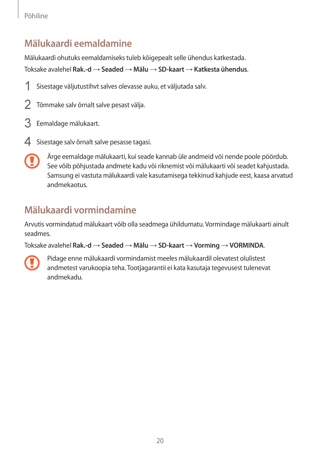 Samsung SM-G930FZDASEB manual Mälukaardi eemaldamine, Mälukaardi vormindamine 