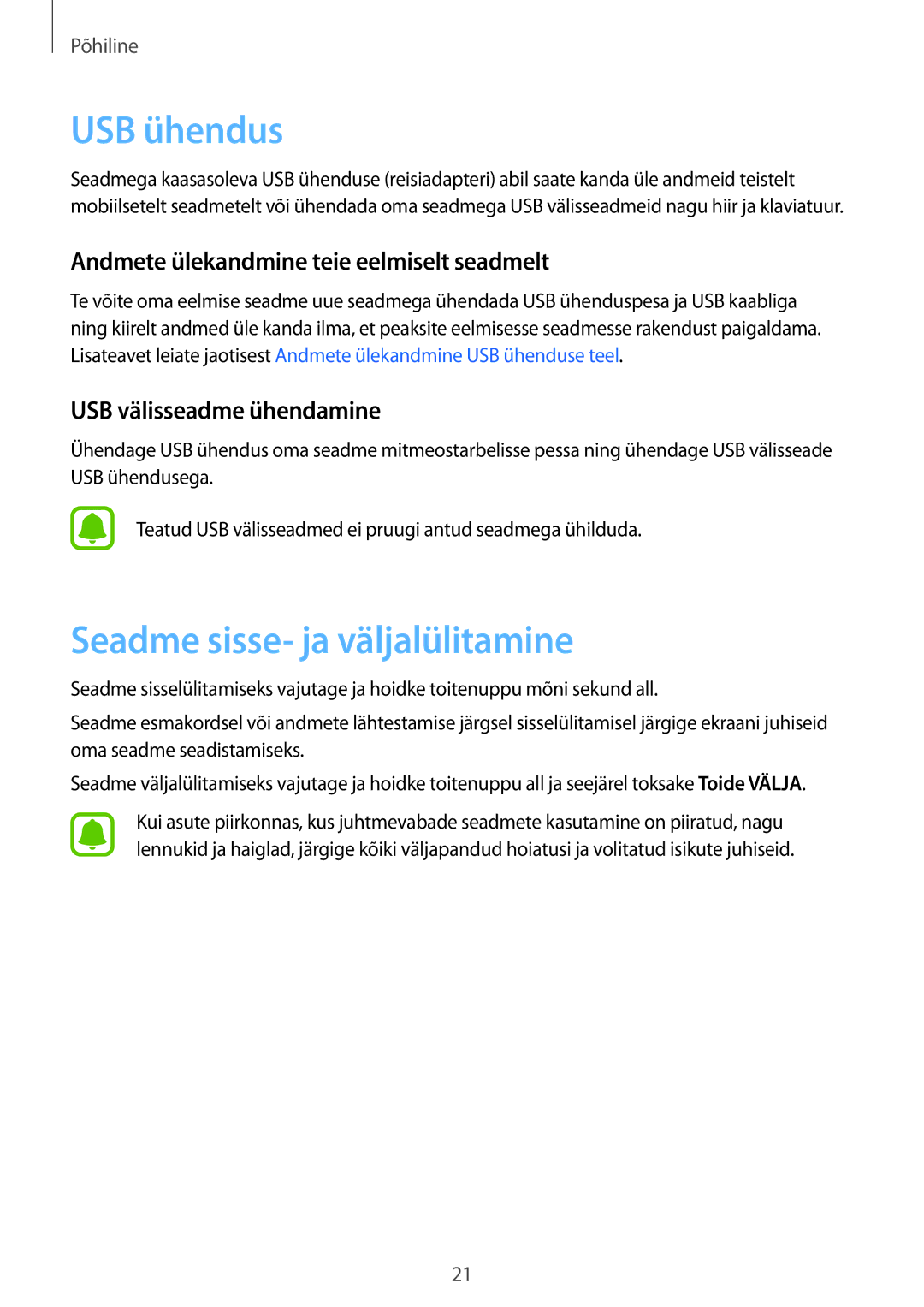 Samsung SM-G930FZDASEB manual USB ühendus, Seadme sisse- ja väljalülitamine, Andmete ülekandmine teie eelmiselt seadmelt 