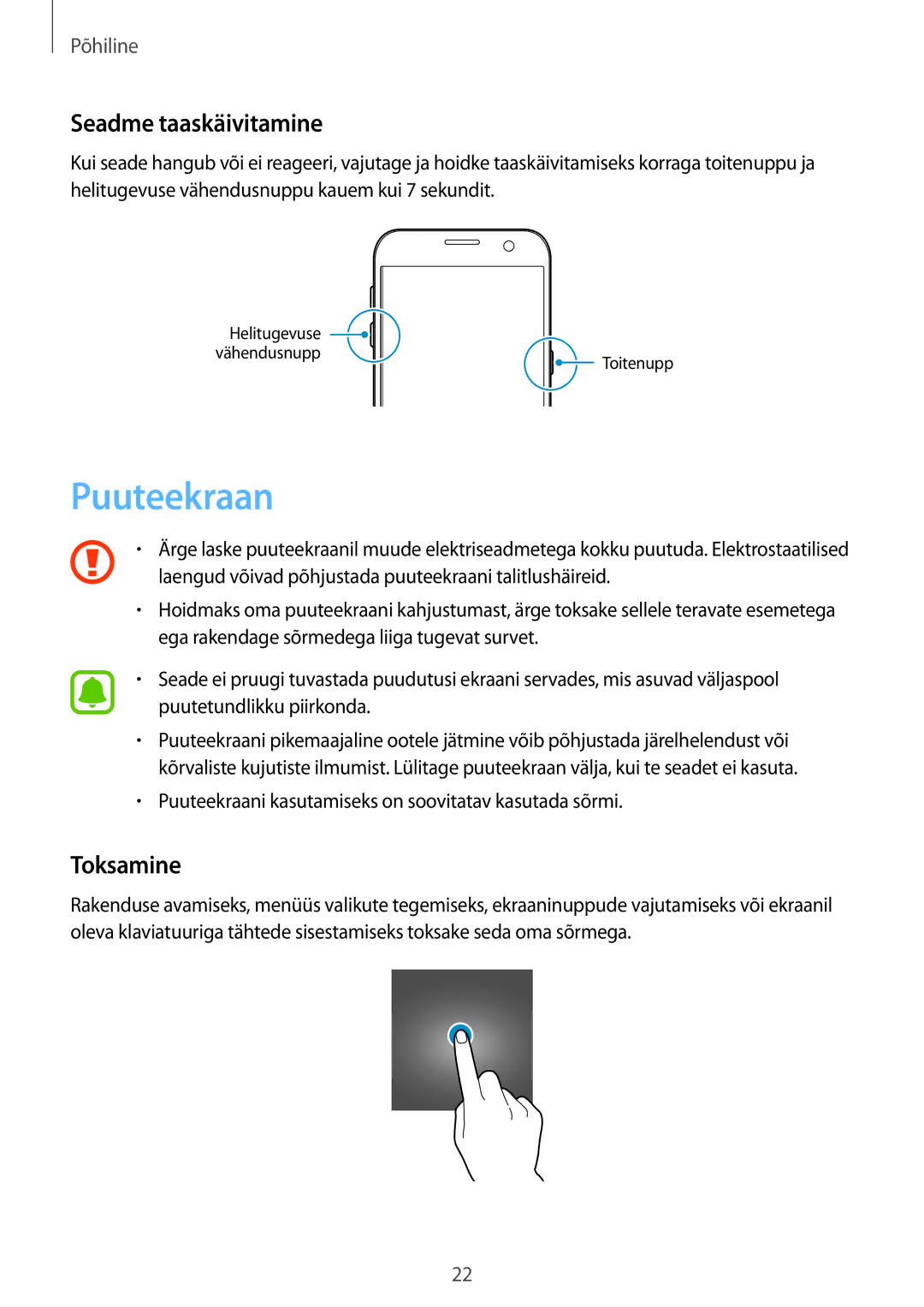 Samsung SM-G930FZDASEB manual Puuteekraan, Seadme taaskäivitamine, Toksamine 