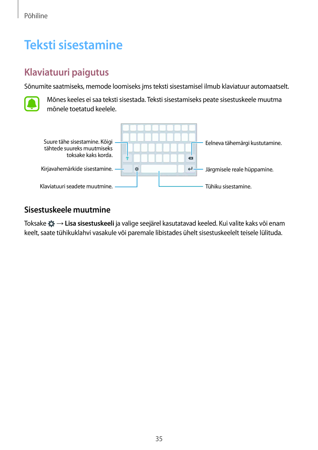 Samsung SM-G930FZDASEB manual Teksti sisestamine, Klaviatuuri paigutus, Sisestuskeele muutmine 