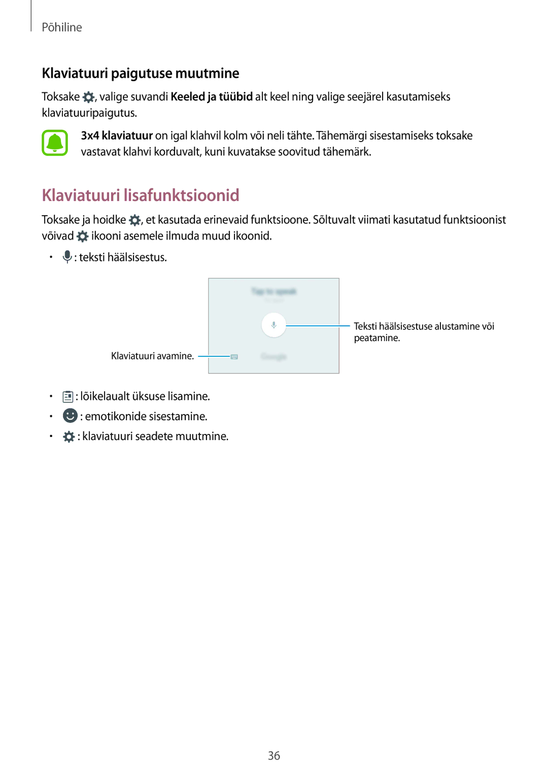 Samsung SM-G930FZDASEB manual Klaviatuuri lisafunktsioonid, Klaviatuuri paigutuse muutmine 