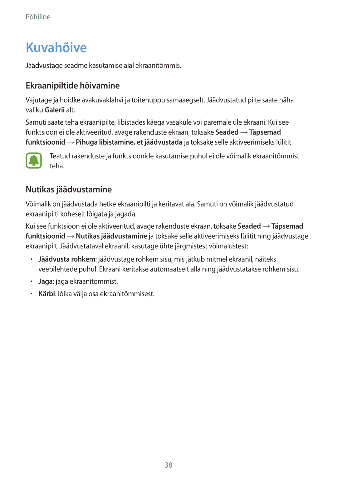 Samsung SM-G930FZDASEB manual Kuvahõive, Ekraanipiltide hõivamine, Nutikas jäädvustamine 