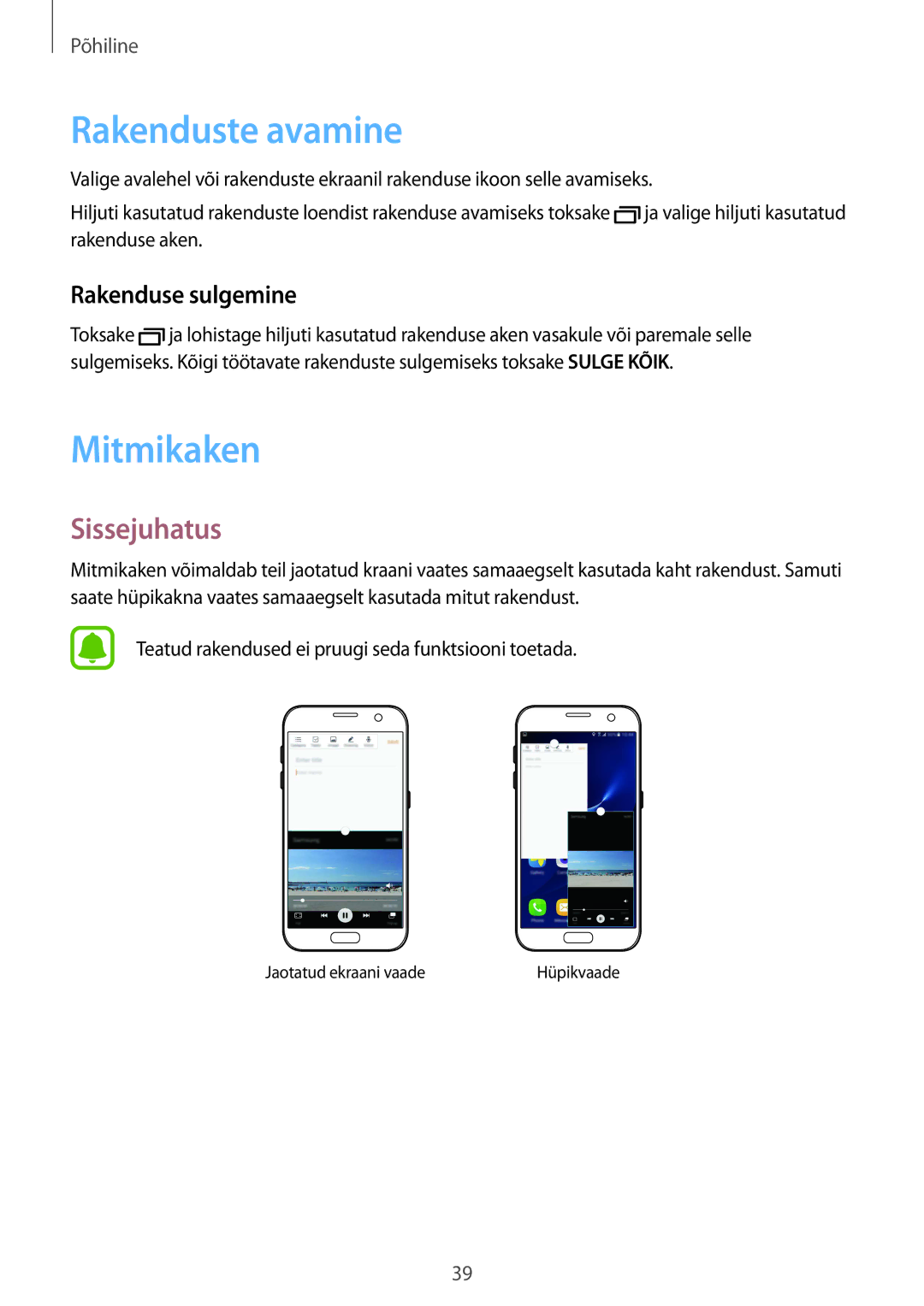 Samsung SM-G930FZDASEB manual Rakenduste avamine, Mitmikaken, Sissejuhatus, Rakenduse sulgemine 