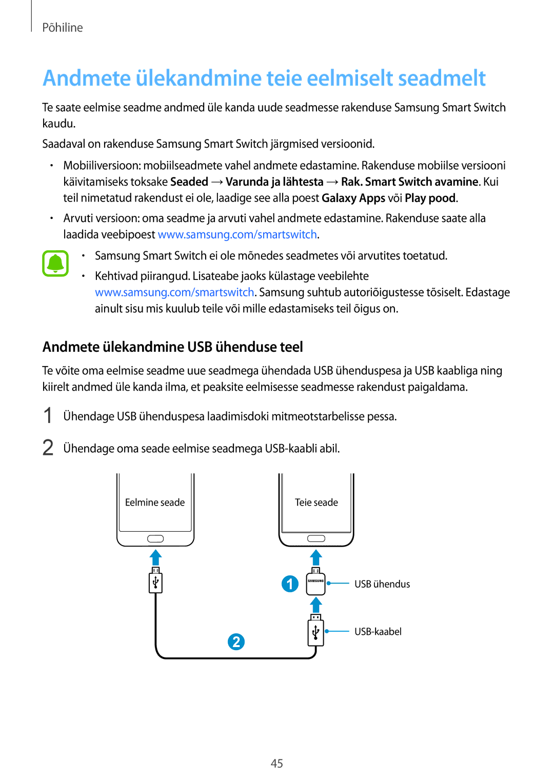 Samsung SM-G930FZDASEB manual Andmete ülekandmine teie eelmiselt seadmelt, Andmete ülekandmine USB ühenduse teel 