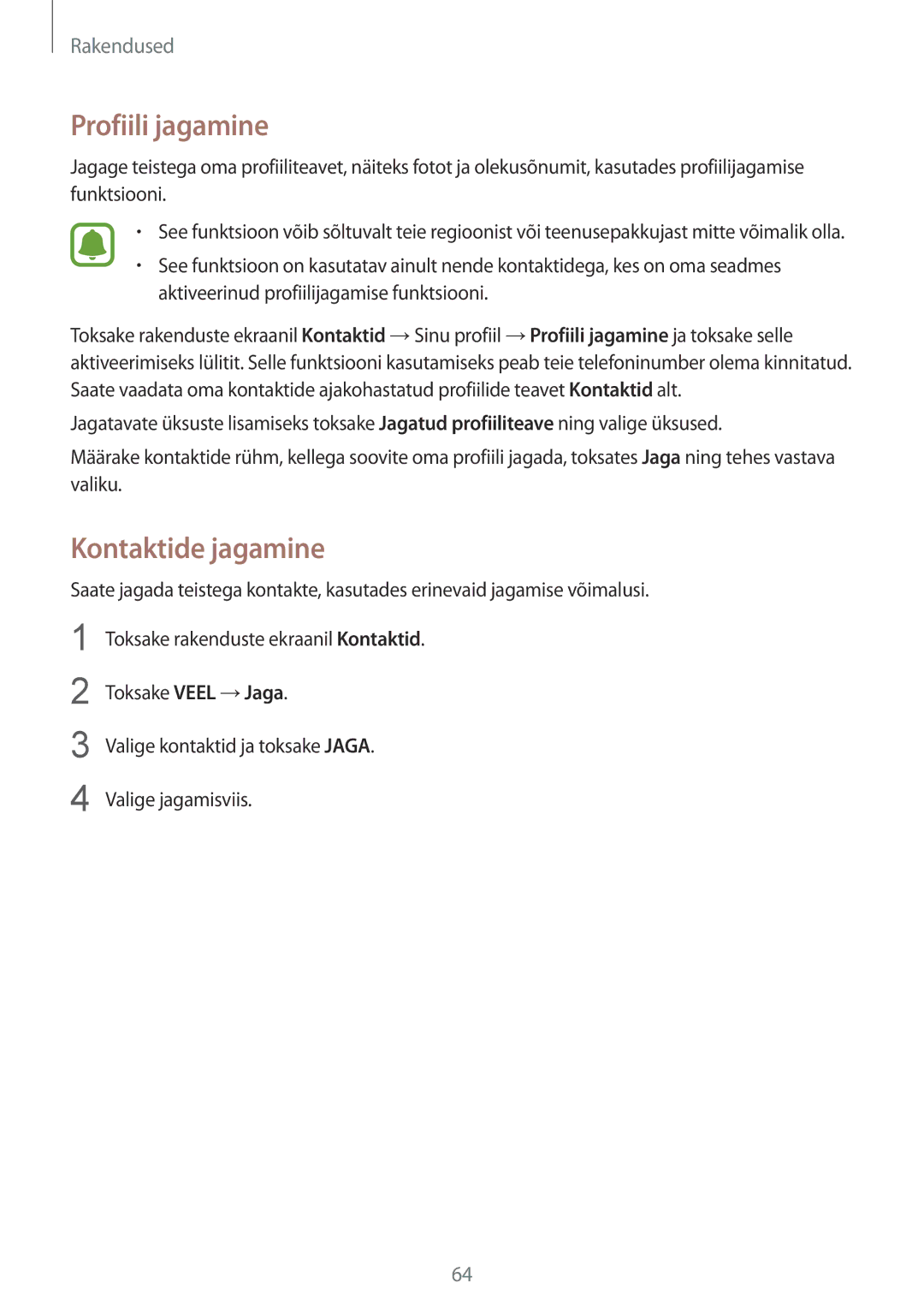 Samsung SM-G930FZDASEB manual Profiili jagamine, Kontaktide jagamine 