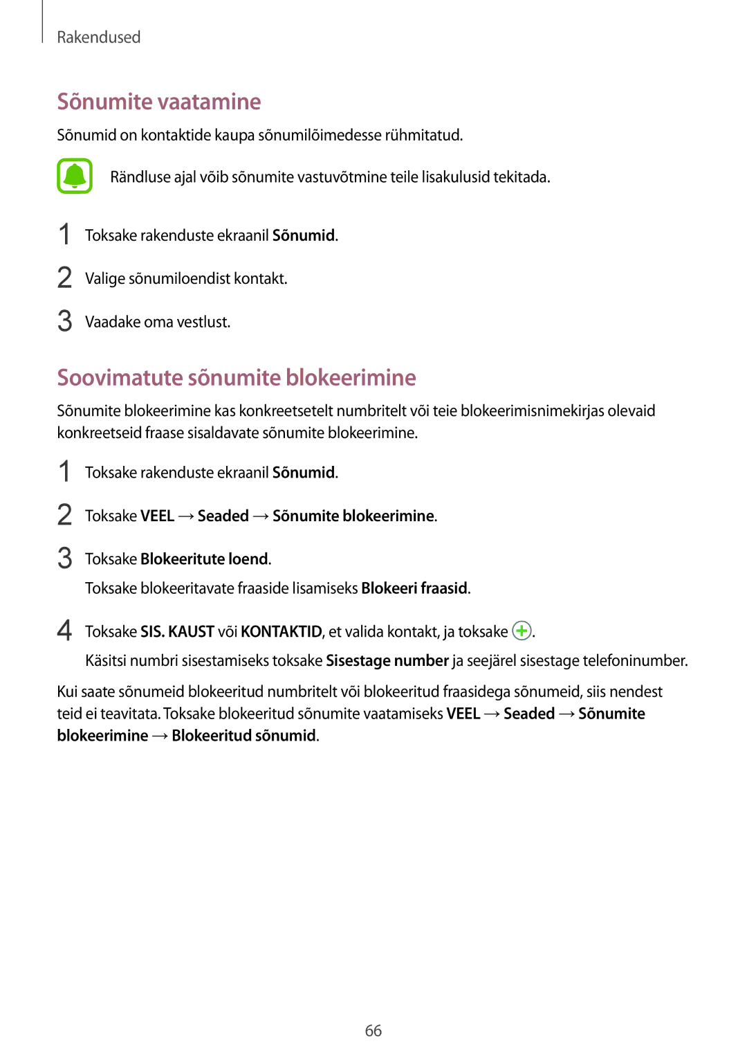 Samsung SM-G930FZDASEB manual Sõnumite vaatamine, Soovimatute sõnumite blokeerimine 