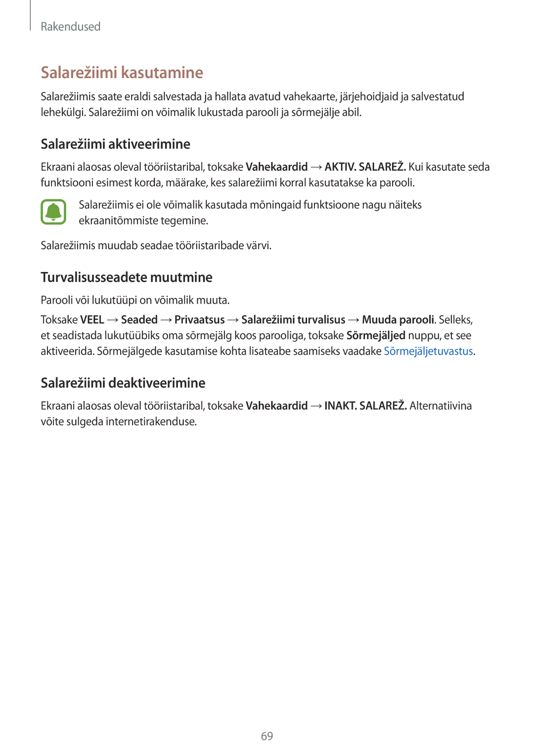 Samsung SM-G930FZDASEB manual Salarežiimi kasutamine, Salarežiimi aktiveerimine, Turvalisusseadete muutmine 