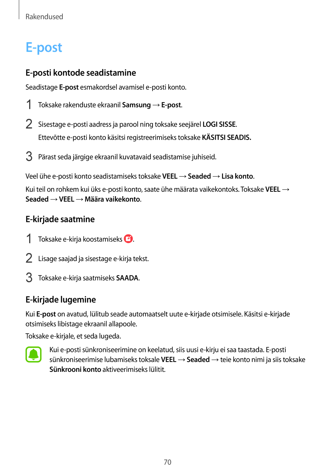 Samsung SM-G930FZDASEB manual Posti kontode seadistamine, Kirjade saatmine, Kirjade lugemine 