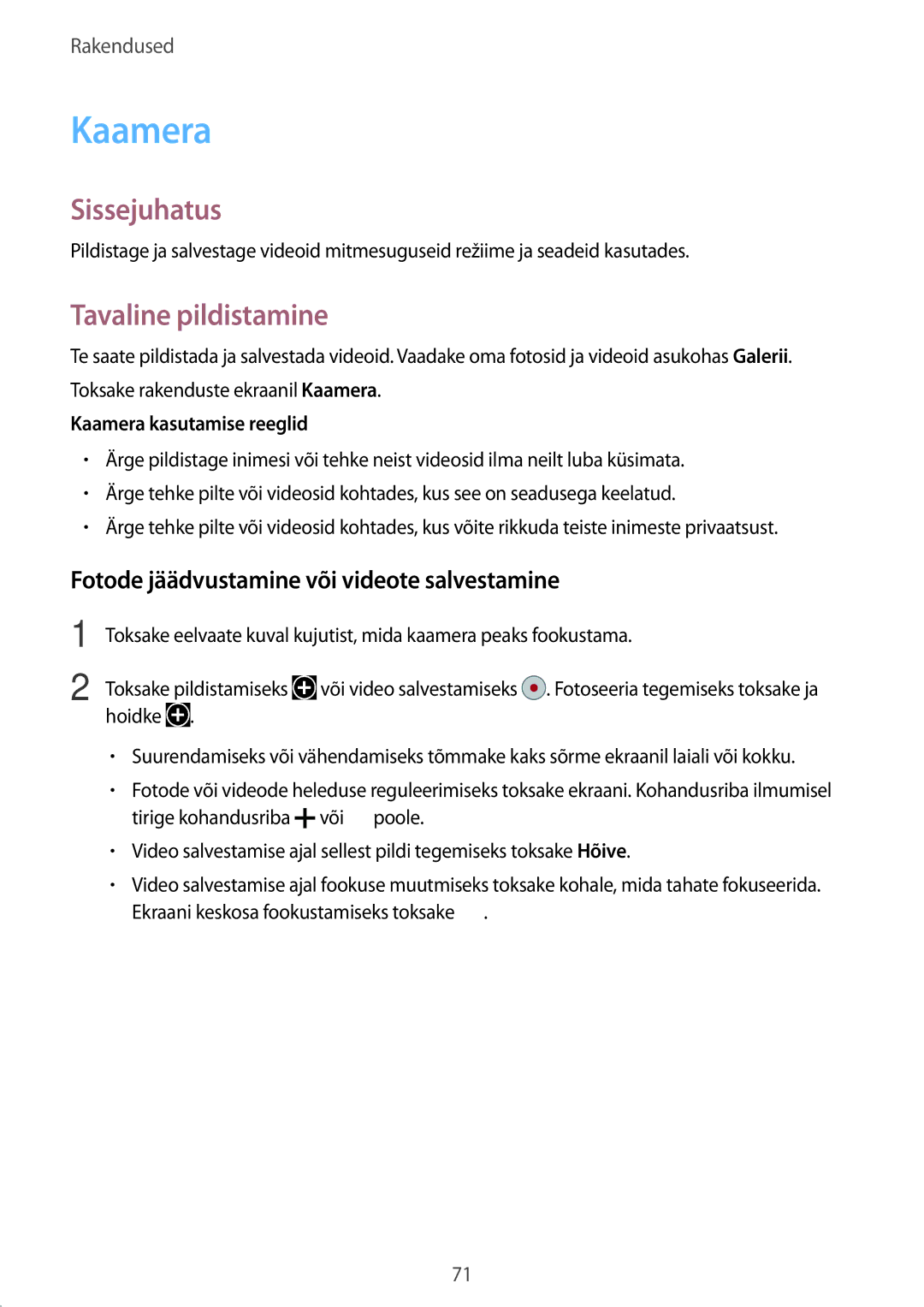 Samsung SM-G930FZDASEB manual Kaamera, Tavaline pildistamine, Fotode jäädvustamine või videote salvestamine 