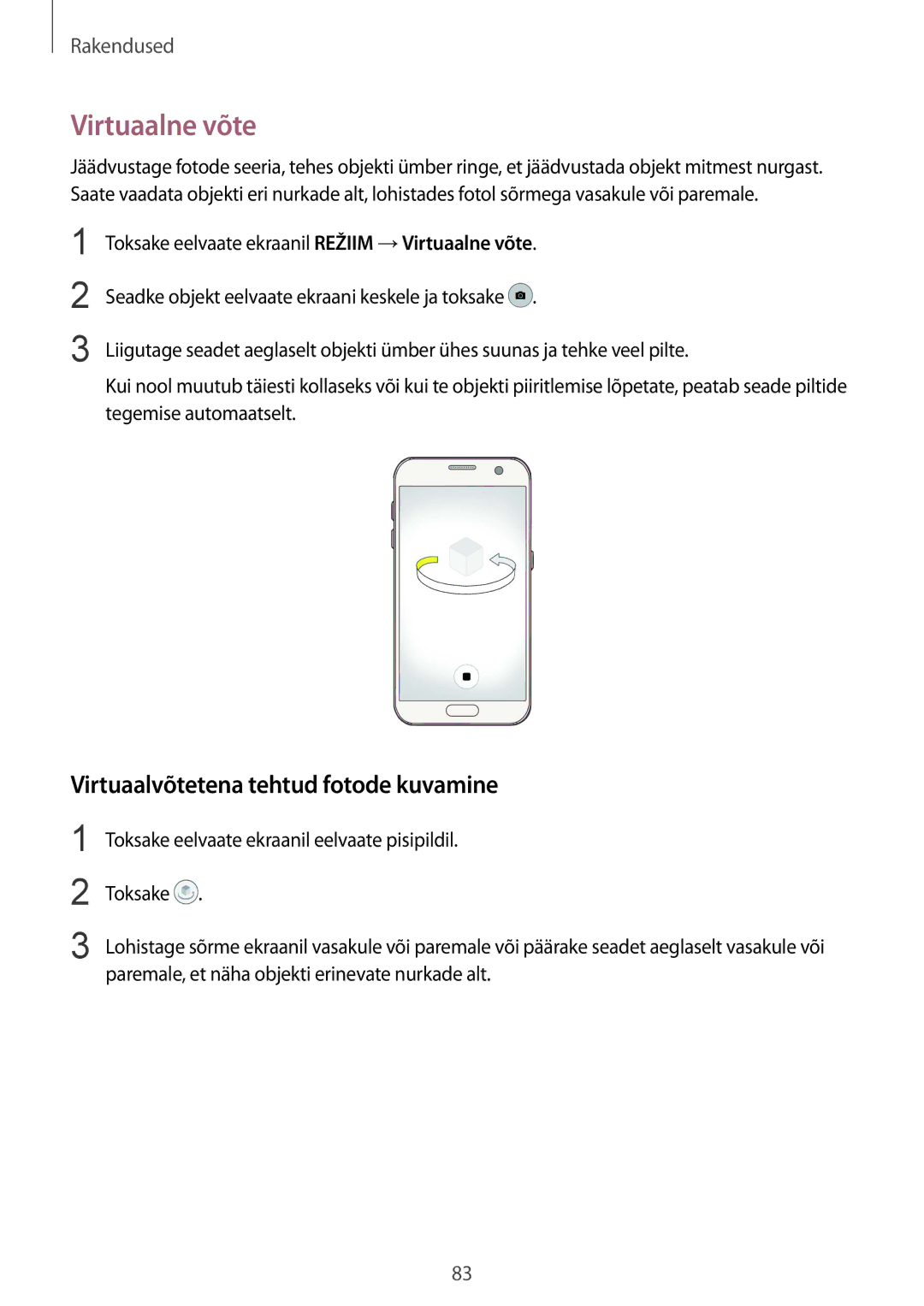 Samsung SM-G930FZDASEB manual Virtuaalne võte, Virtuaalvõtetena tehtud fotode kuvamine 