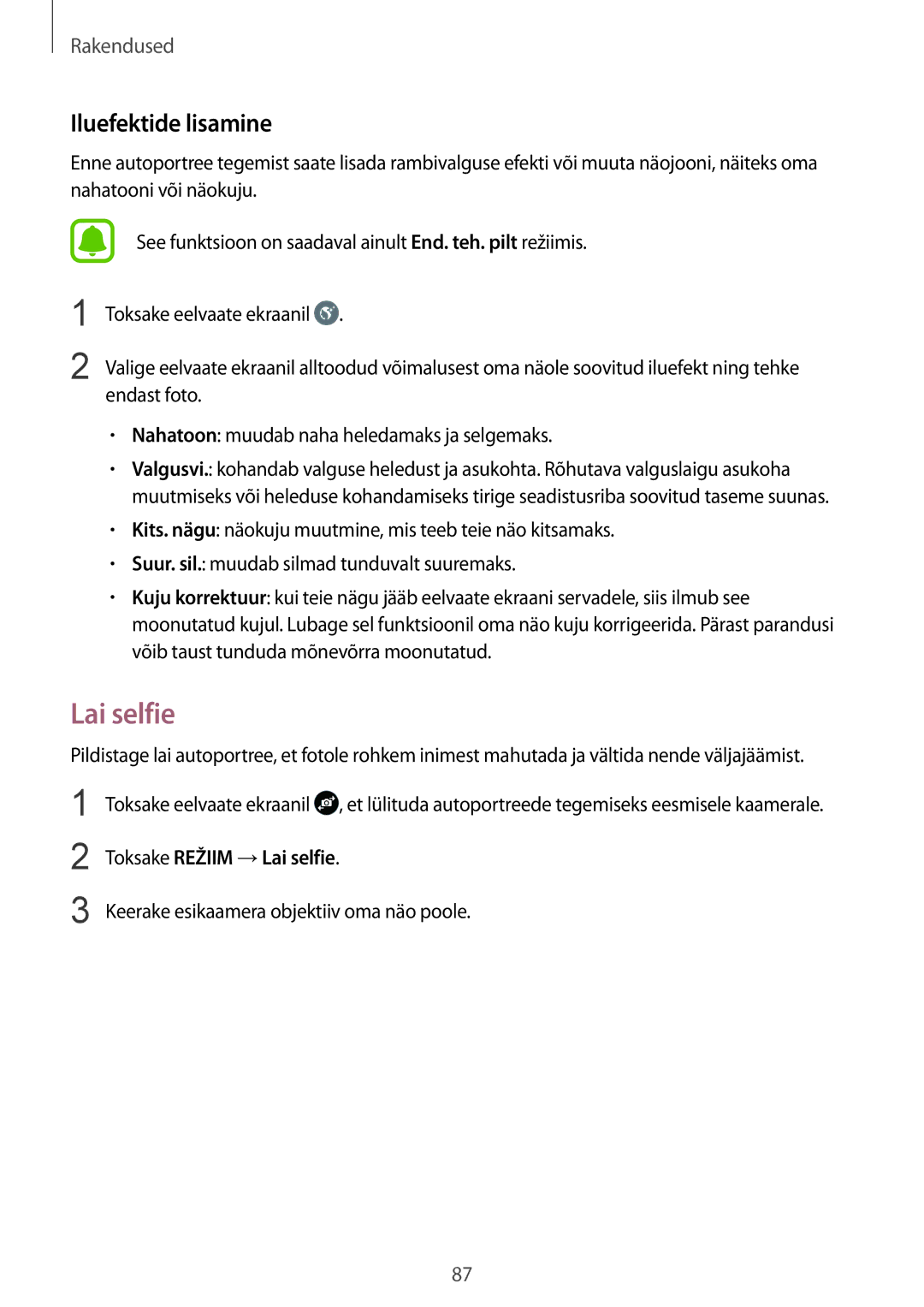 Samsung SM-G930FZDASEB manual Iluefektide lisamine, Toksake Režiim →Lai selfie 