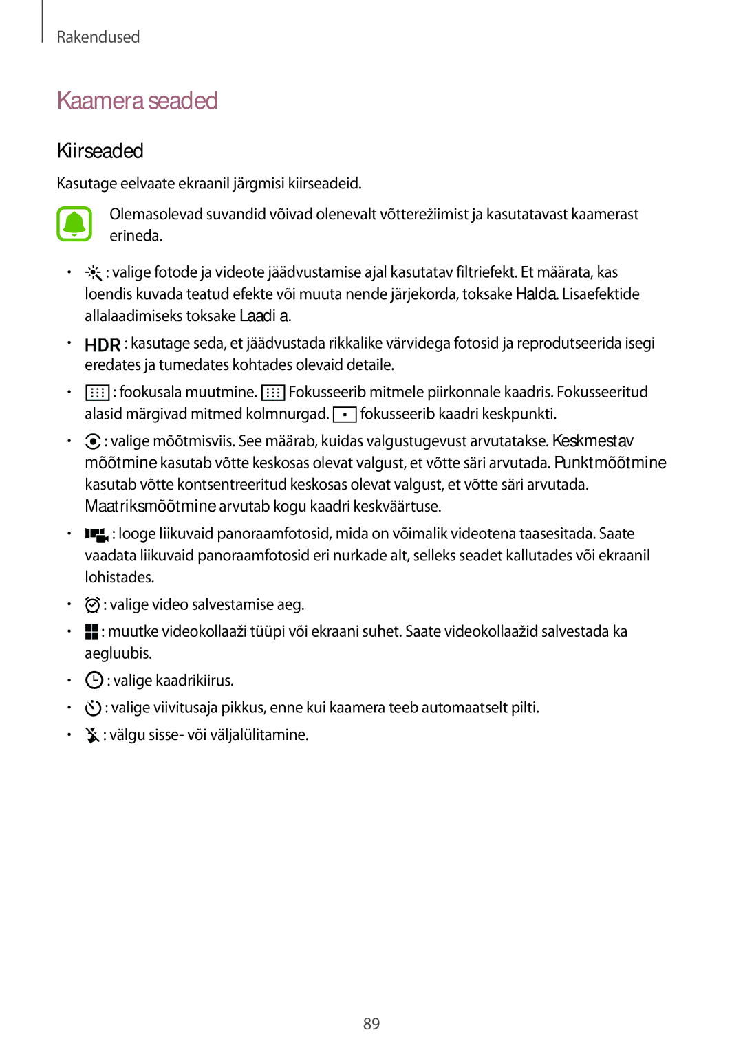 Samsung SM-G930FZDASEB manual Kaamera seaded, Kiirseaded 