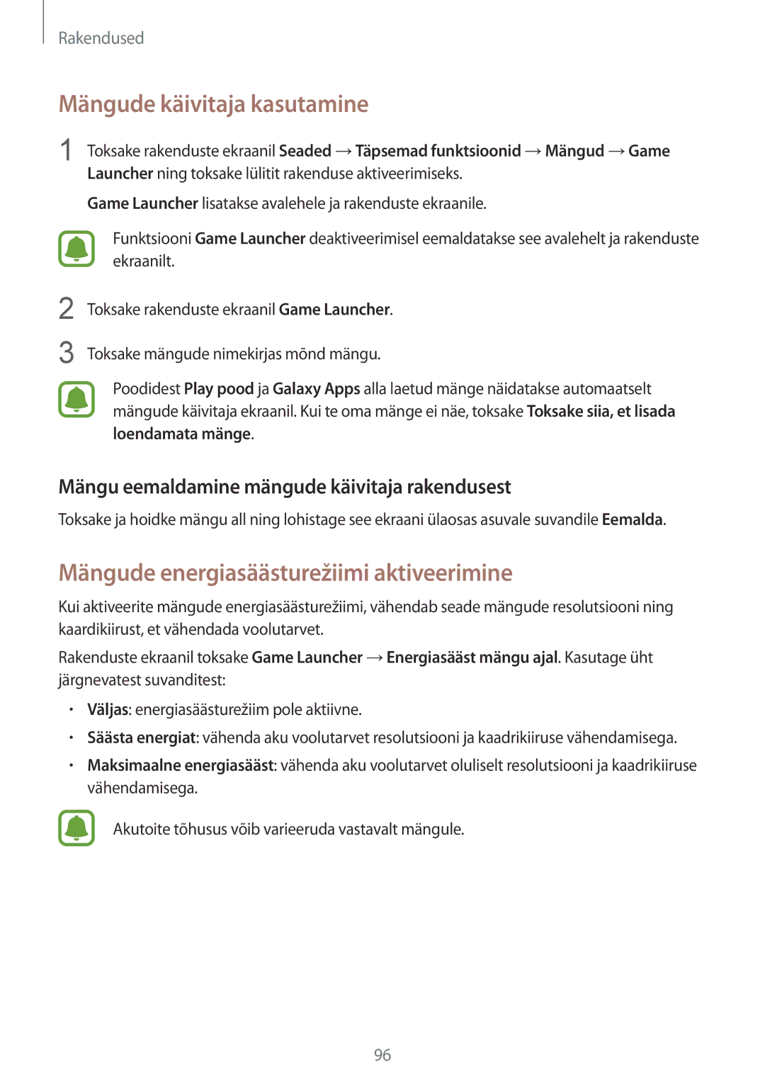 Samsung SM-G930FZDASEB manual Mängude käivitaja kasutamine, Mängude energiasäästurežiimi aktiveerimine 