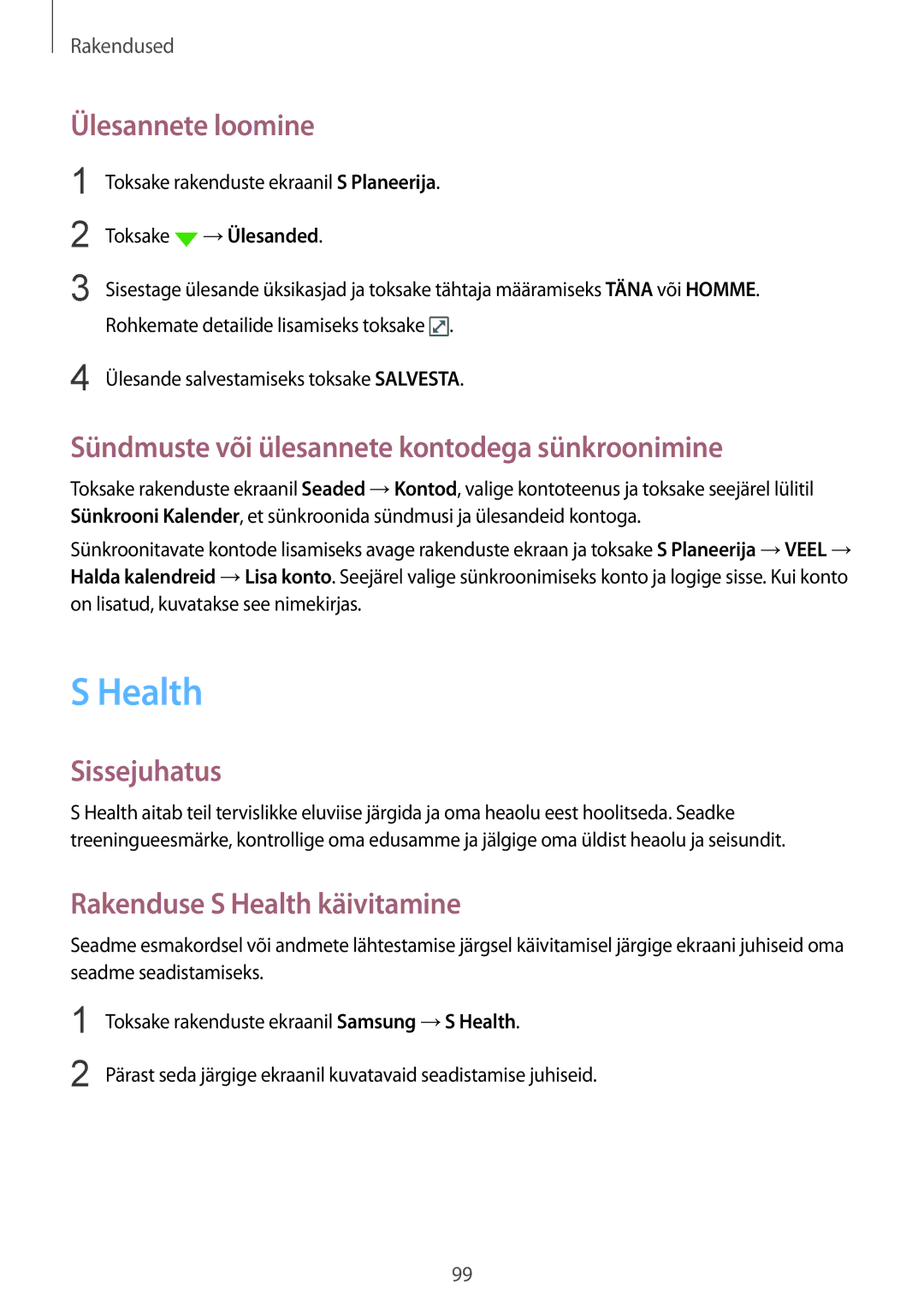 Samsung SM-G930FZDASEB manual Health, Ülesannete loomine, Sündmuste või ülesannete kontodega sünkroonimine, →Ülesanded 