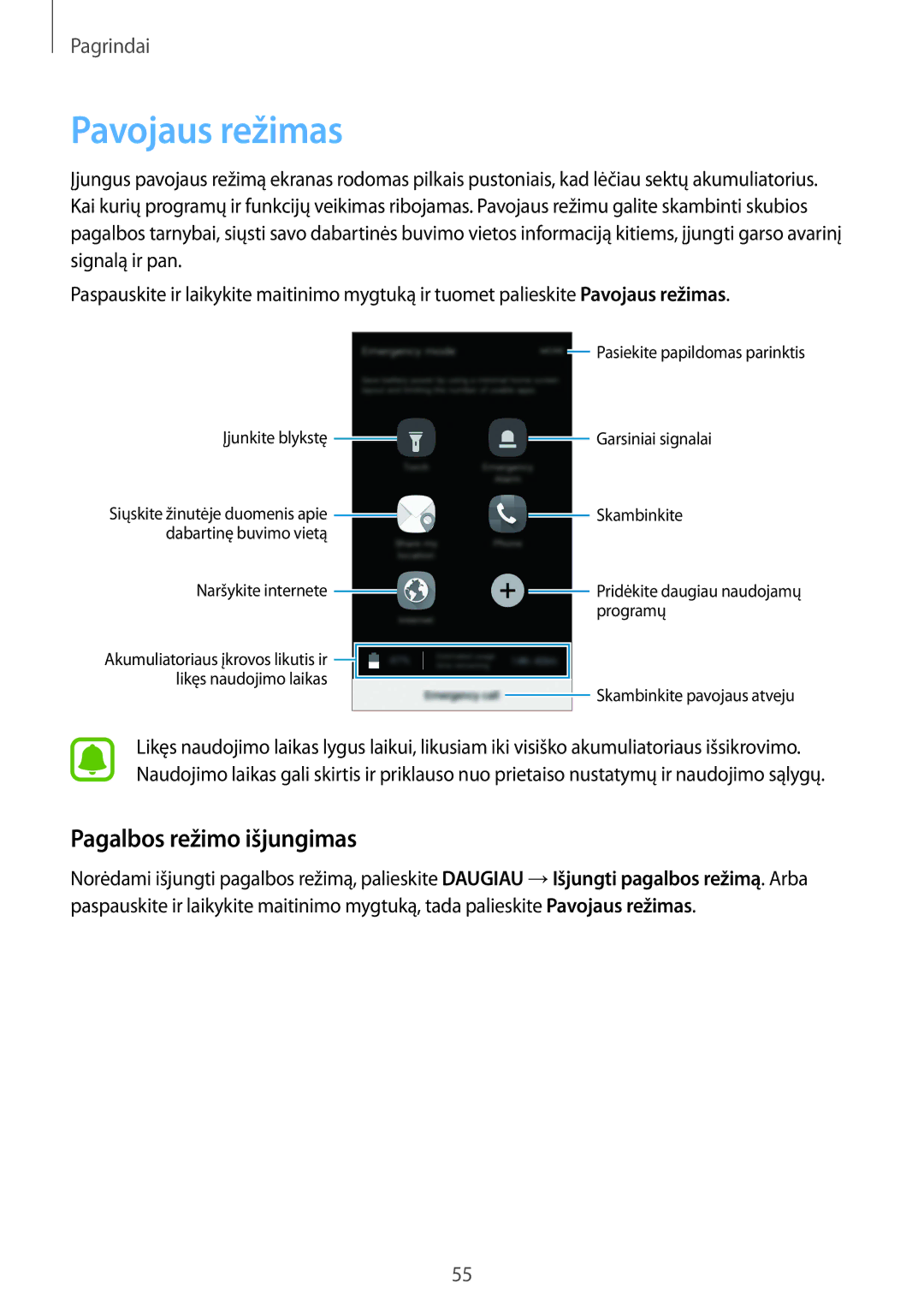 Samsung SM-G930FZDASEB manual Pavojaus režimas, Pagalbos režimo išjungimas 