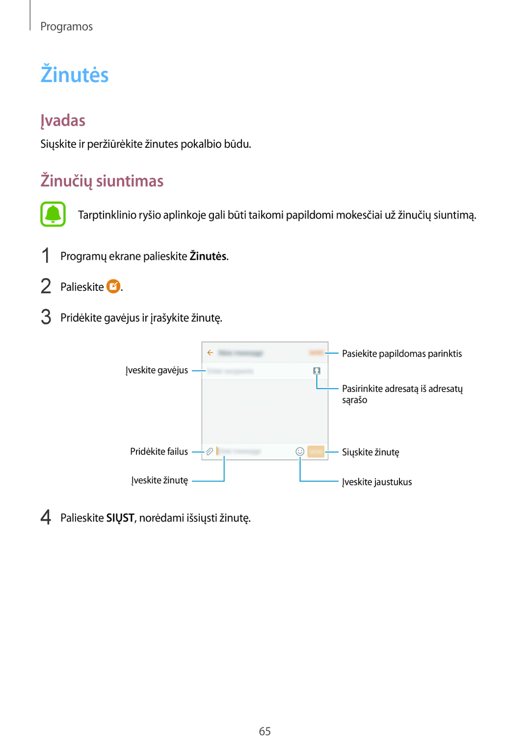 Samsung SM-G930FZDASEB manual Žinutės, Žinučių siuntimas, Siųskite ir peržiūrėkite žinutes pokalbio būdu 