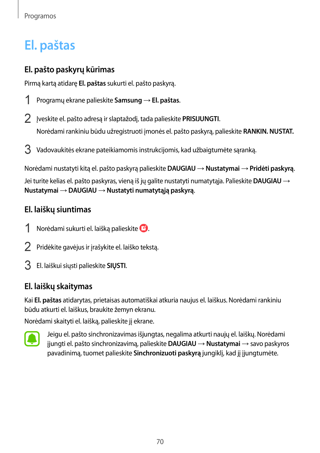 Samsung SM-G930FZDASEB manual El. paštas, El. pašto paskyrų kūrimas, El. laiškų siuntimas, El. laiškų skaitymas 