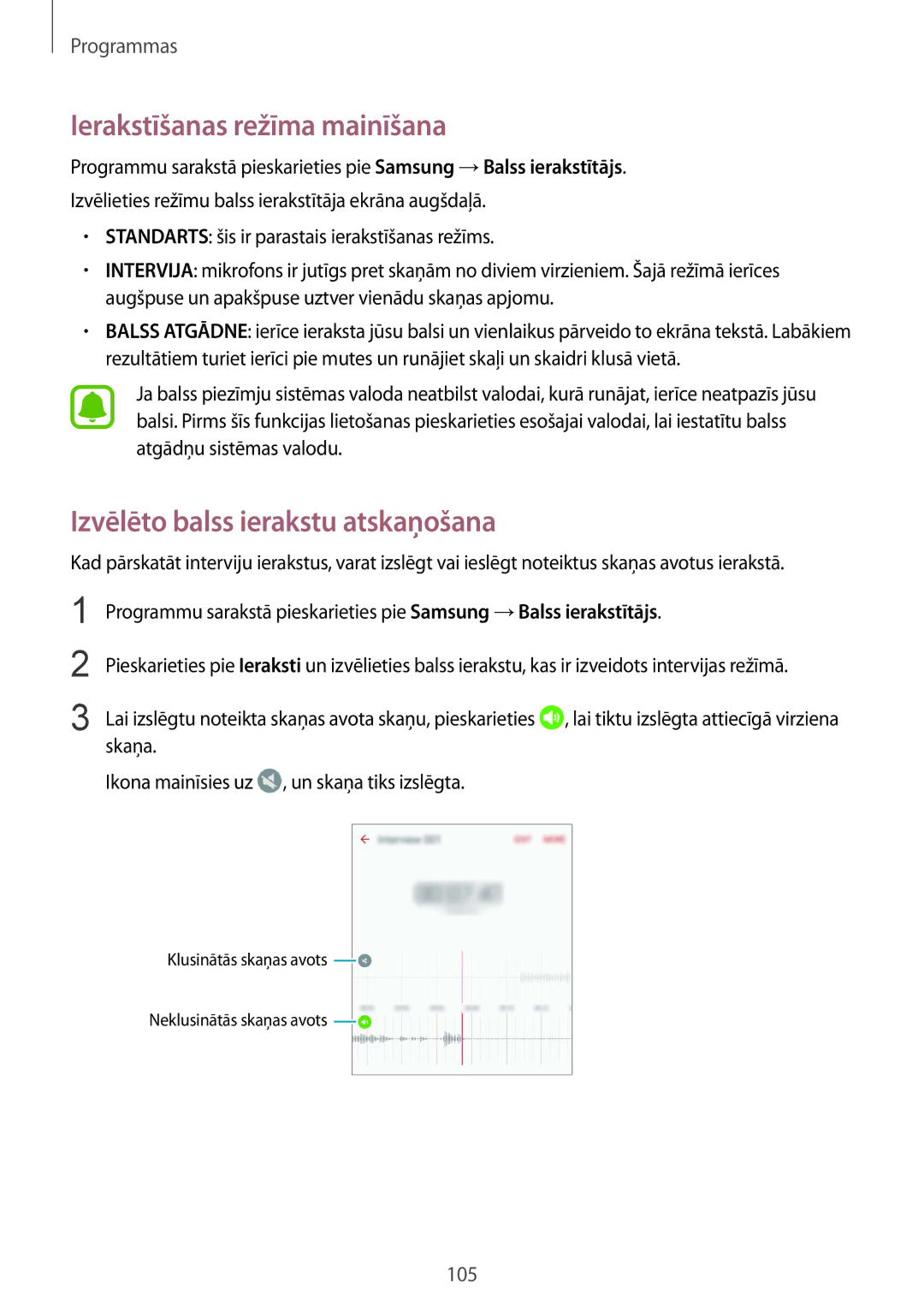 Samsung SM-G930FZDASEB manual Ierakstīšanas režīma mainīšana, Izvēlēto balss ierakstu atskaņošana 