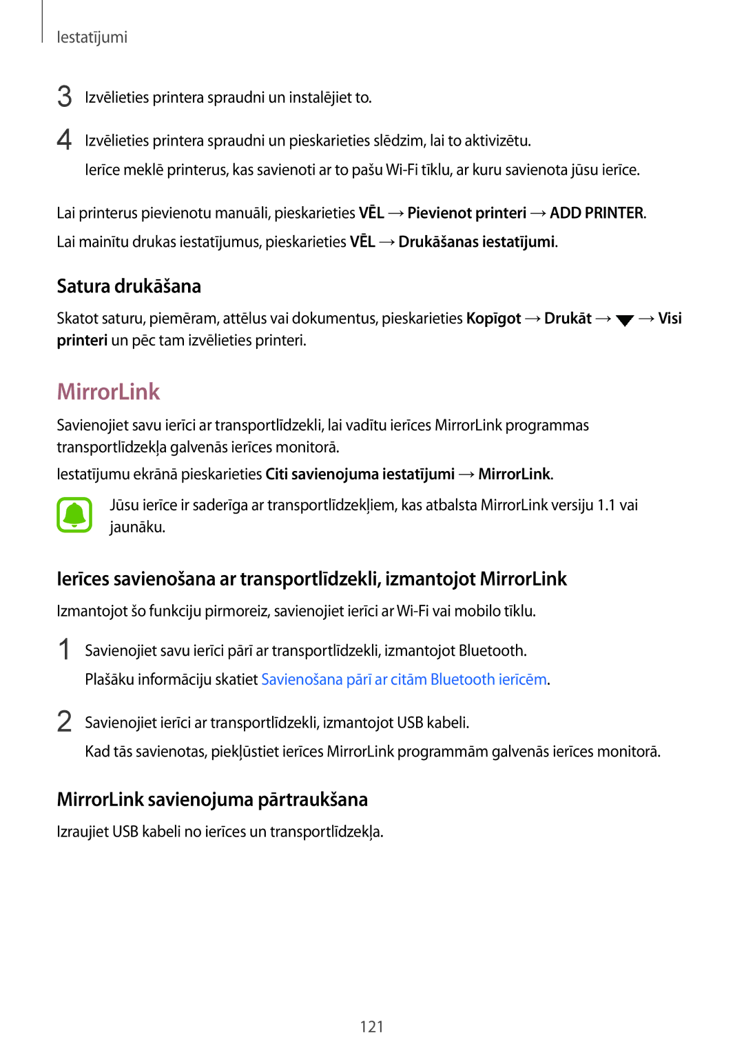 Samsung SM-G930FZDASEB manual Satura drukāšana, MirrorLink savienojuma pārtraukšana 