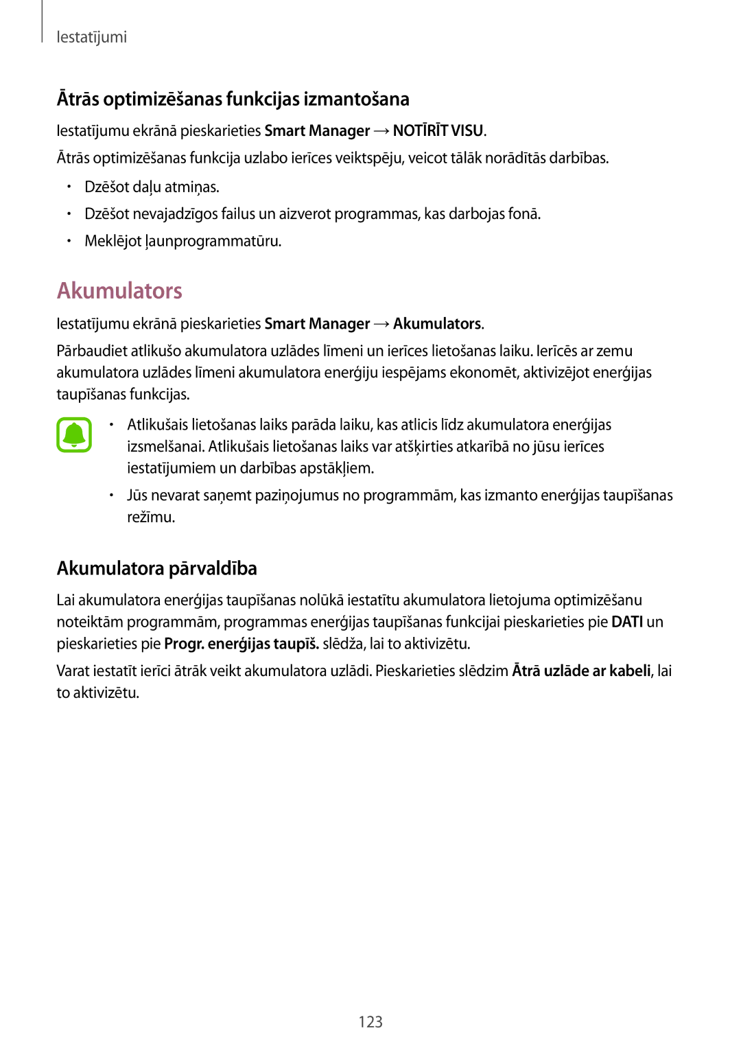 Samsung SM-G930FZDASEB manual Akumulators, Ātrās optimizēšanas funkcijas izmantošana, Akumulatora pārvaldība 