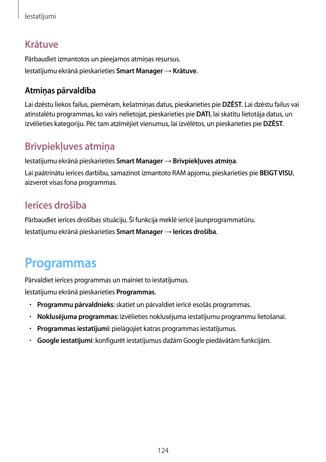 Samsung SM-G930FZDASEB manual Programmas, Krātuve, Brīvpiekļuves atmiņa, Ierīces drošība, Atmiņas pārvaldība 