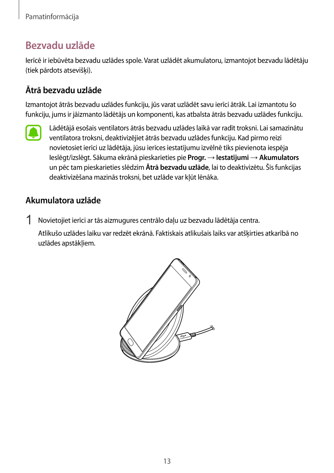 Samsung SM-G930FZDASEB manual Bezvadu uzlāde, Ātrā bezvadu uzlāde, Akumulatora uzlāde 