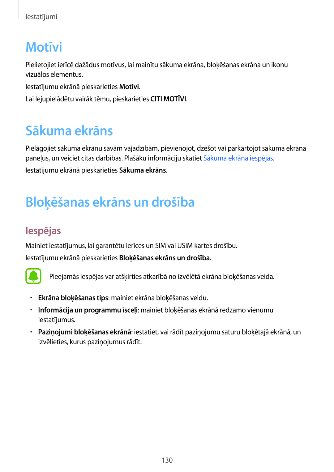 Samsung SM-G930FZDASEB manual Motīvi, Bloķēšanas ekrāns un drošība 