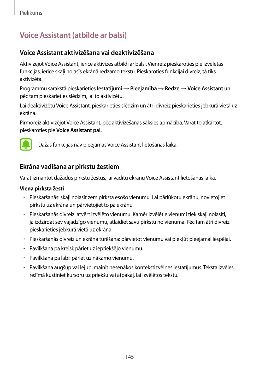 Samsung SM-G930FZDASEB manual Voice Assistant atbilde ar balsi, Voice Assistant aktivizēšana vai deaktivizēšana 