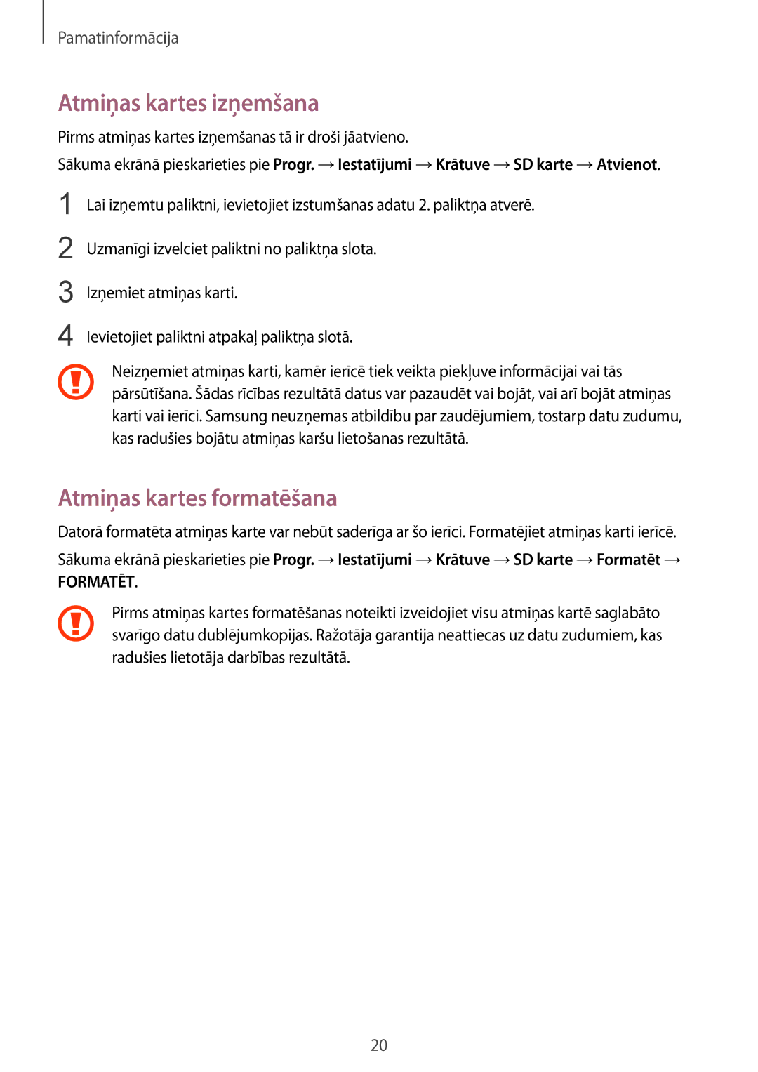 Samsung SM-G930FZDASEB manual Atmiņas kartes izņemšana, Atmiņas kartes formatēšana 