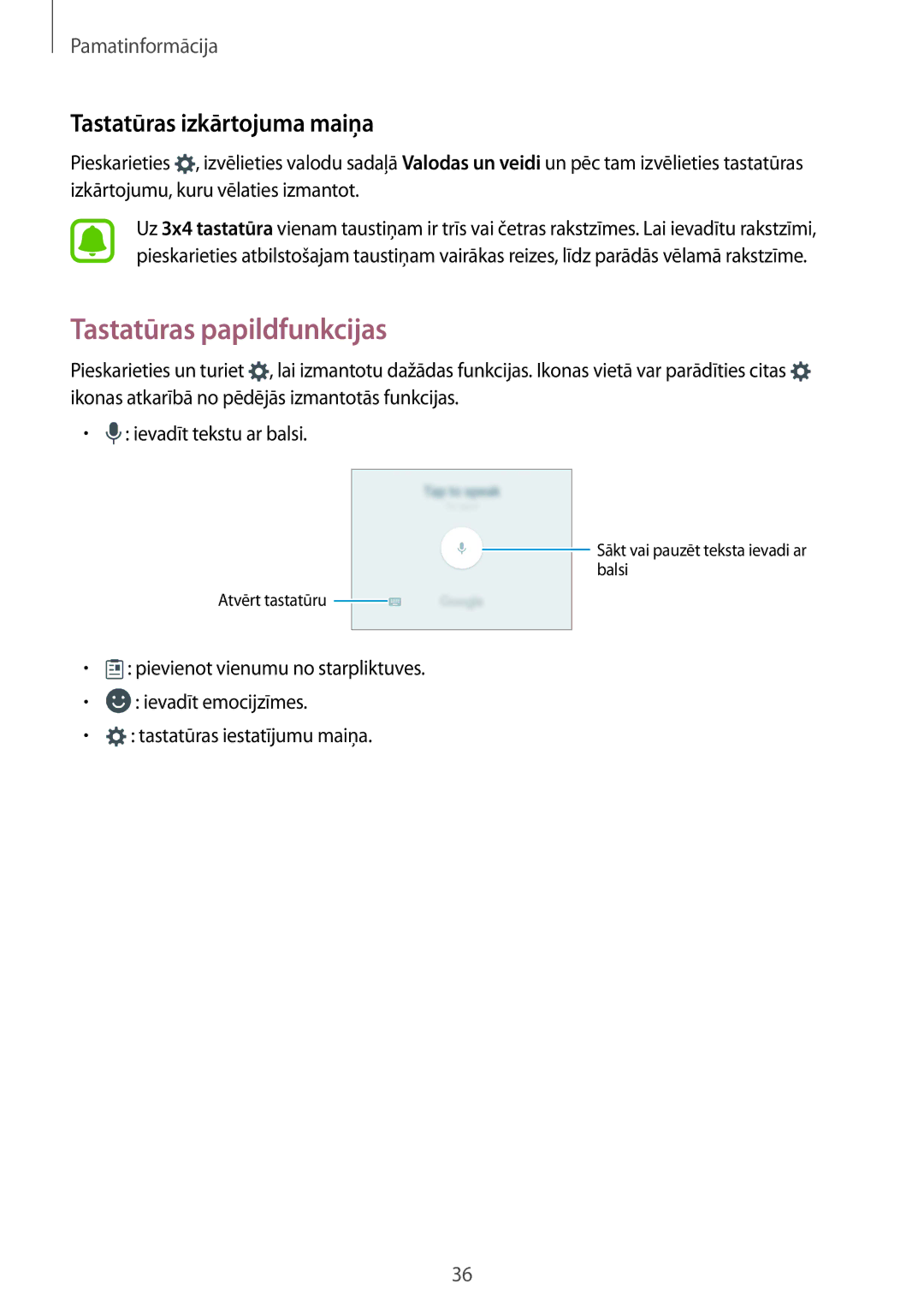 Samsung SM-G930FZDASEB manual Tastatūras papildfunkcijas, Tastatūras izkārtojuma maiņa 