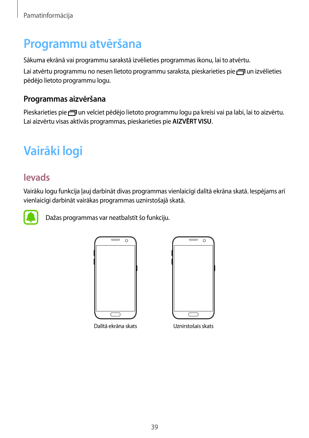 Samsung SM-G930FZDASEB manual Programmu atvēršana, Vairāki logi, Ievads, Programmas aizvēršana 