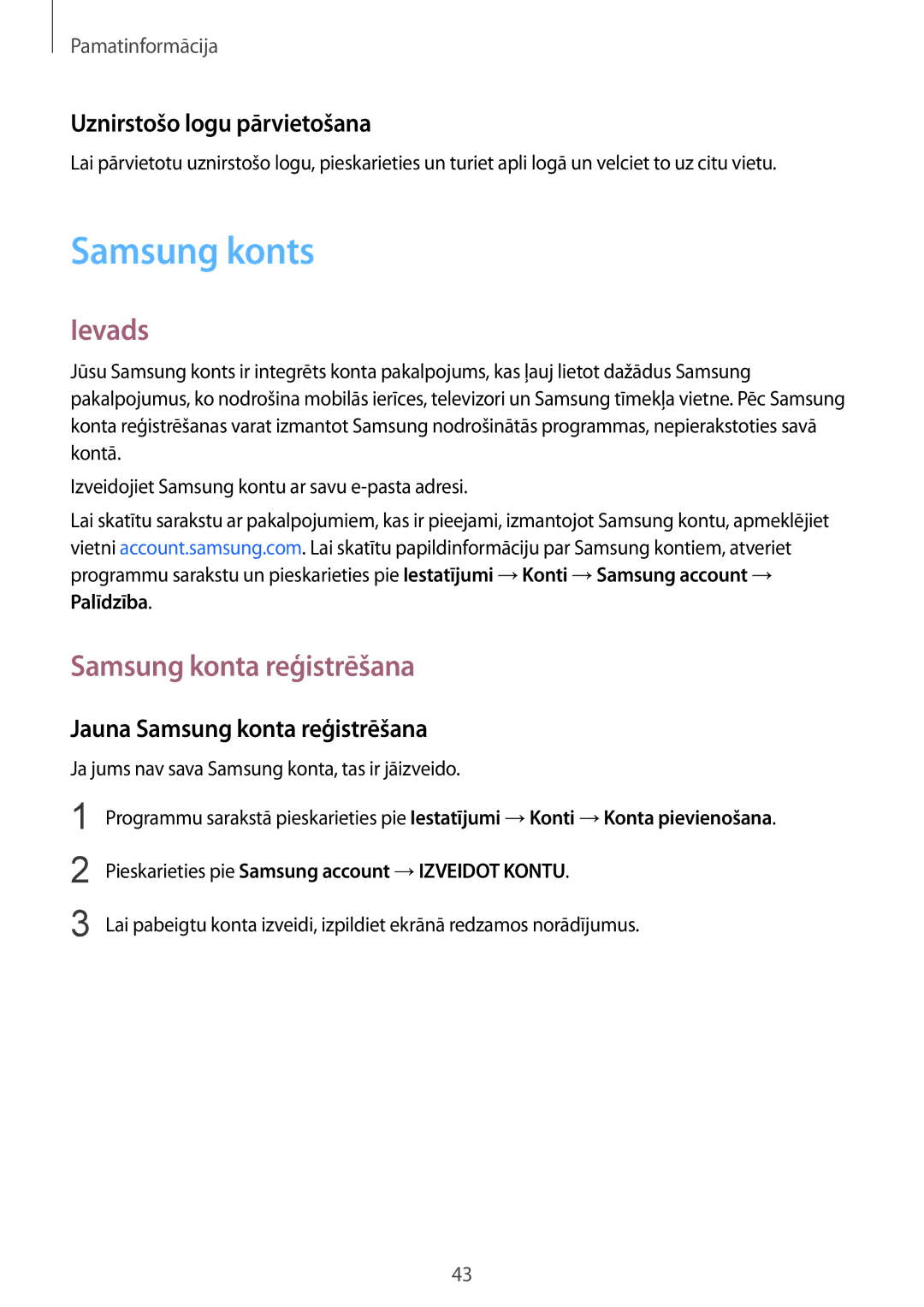 Samsung SM-G930FZDASEB manual Samsung konts, Samsung konta reģistrēšana, Uznirstošo logu pārvietošana 