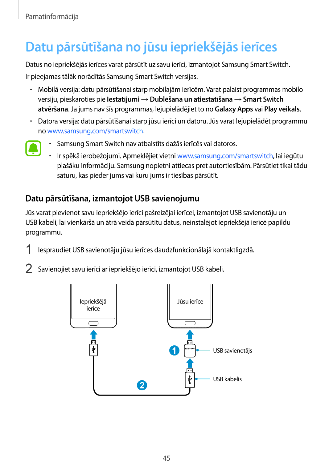 Samsung SM-G930FZDASEB manual Datu pārsūtīšana no jūsu iepriekšējās ierīces, Datu pārsūtīšana, izmantojot USB savienojumu 