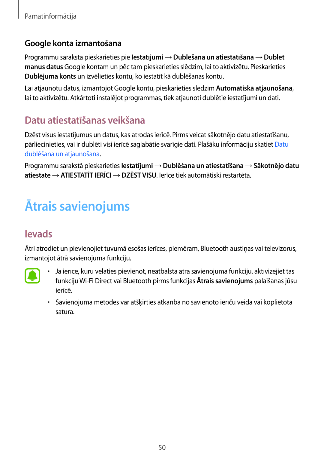 Samsung SM-G930FZDASEB manual Ātrais savienojums, Datu atiestatīšanas veikšana, Google konta izmantošana 
