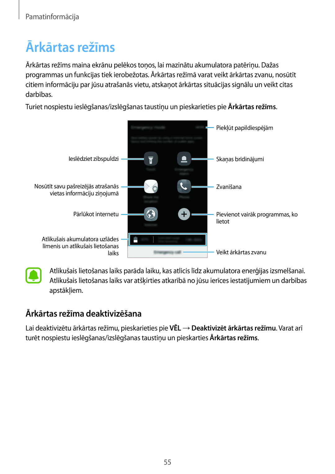 Samsung SM-G930FZDASEB manual Ārkārtas režīms, Ārkārtas režīma deaktivizēšana 