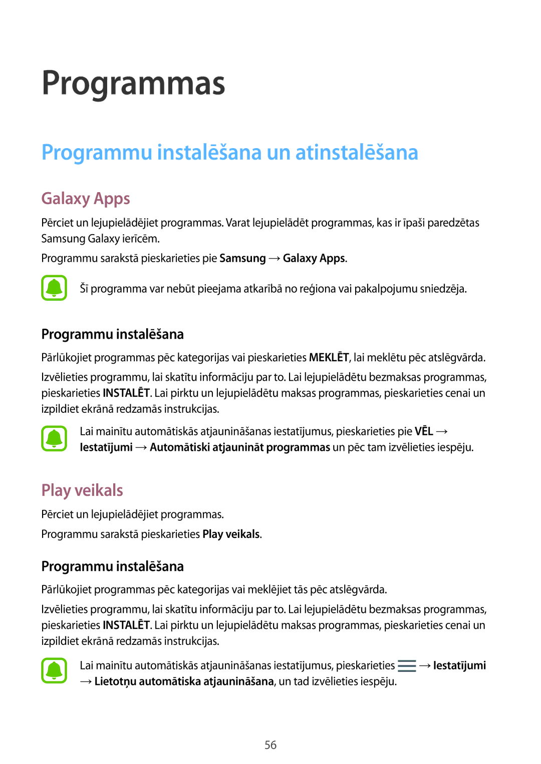 Samsung SM-G930FZDASEB manual Programmu instalēšana un atinstalēšana, Galaxy Apps, Play veikals 