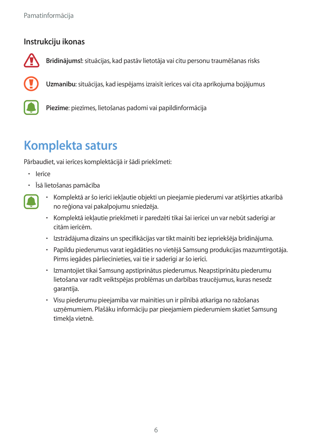 Samsung SM-G930FZDASEB manual Komplekta saturs, Instrukciju ikonas 