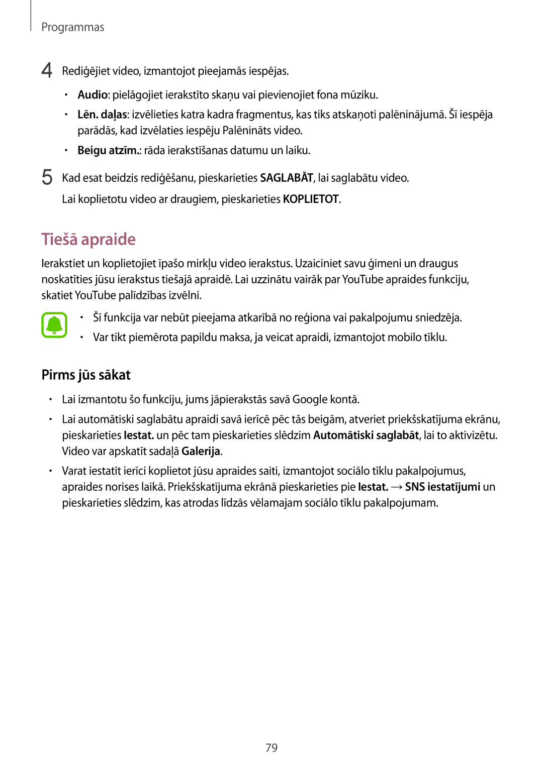 Samsung SM-G930FZDASEB manual Tiešā apraide, Pirms jūs sākat 