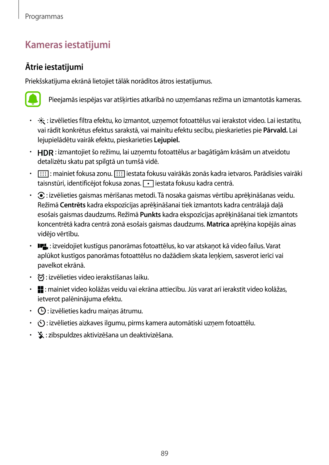 Samsung SM-G930FZDASEB manual Kameras iestatījumi, Ātrie iestatījumi 