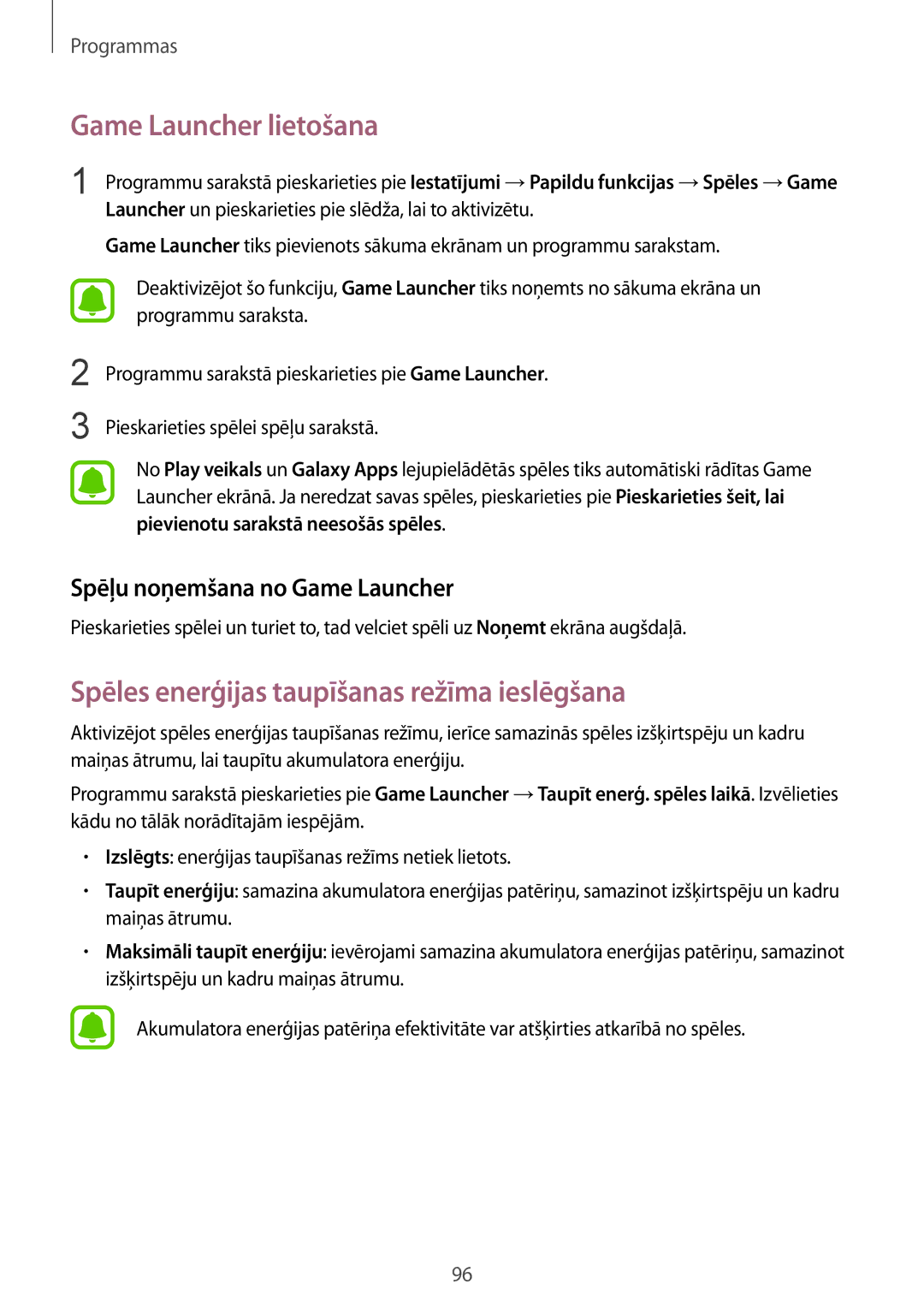 Samsung SM-G930FZDASEB manual Game Launcher lietošana, Spēles enerģijas taupīšanas režīma ieslēgšana 