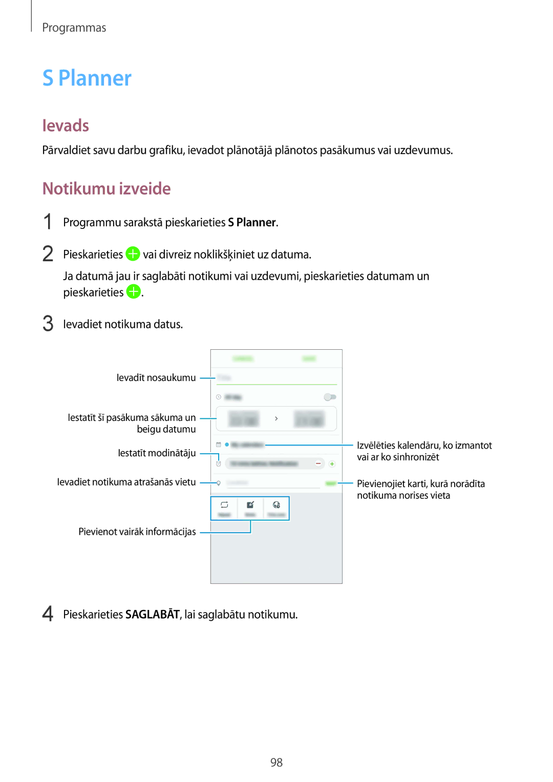 Samsung SM-G930FZDASEB manual Planner, Notikumu izveide 