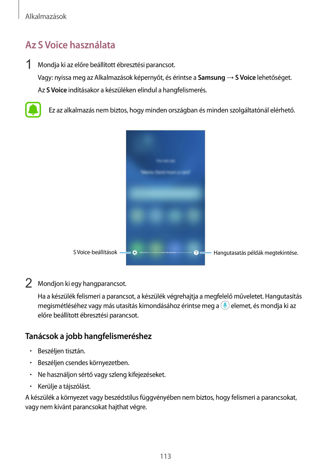 Samsung SM-G930FZDAXEH manual Az S Voice használata, Tanácsok a jobb hangfelismeréshez 